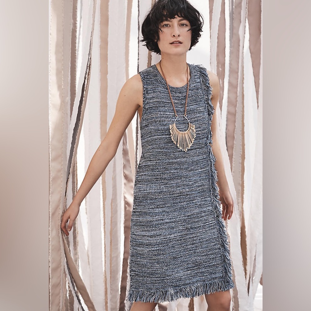 Anthropologie Size M Holding Horses Blue Knit Fringed Sheath Dress Bohemian